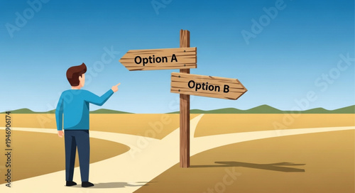 Man at crossroads with signs.