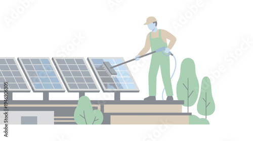 Solar Panel Installer Dreaming of Sustainable Energy Project. Vector Illustrations. EPS Editable