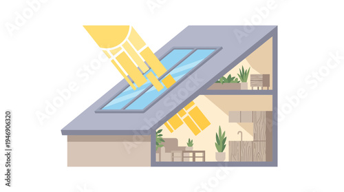 Solar Roof System Shines In Modern Home. Vector Illustrations. EPS Editable