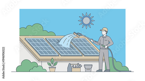 Solar Roof Technician Cleaning and Inspecting Home Solar Panels on Rooftop. Vector Illustrations. EPS Editable
