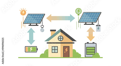 Solar powered home energy system with solar panels and batteries. Vector Illustrations. EPS Editable