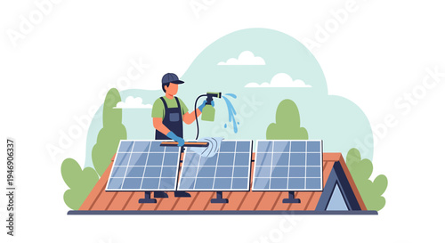 Solar Rooftop Installation with Solar Panels on House Roof. Vector Illustrations. EPS Editable
