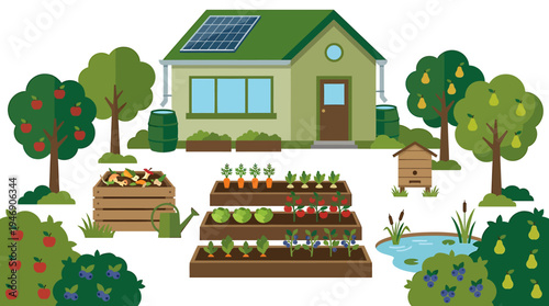 Sunny Community Garden Farm With Raised Beds. Vector Illustrations. EPS Editable