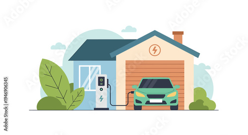 Suburban Home Garage Car in Driveway Scene. Vector Illustrations. EPS Editable