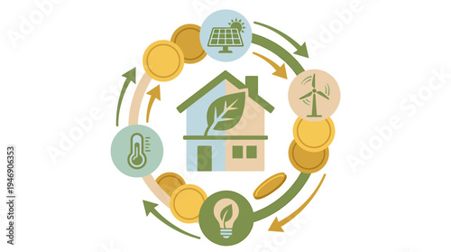 Sustainable Eco Home Concept with Circular Economy Icons. Vector Illustrations. EPS Editable