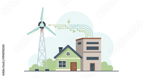 Sustainable Energy Scene with Wind Turbine and Modern Buildings. Vector Illustrations. EPS Editable