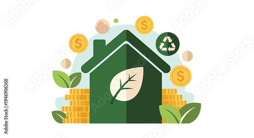 Sustainable Green Home Illustration with Leaves and Coins. Vector Illustrations. EPS Editable