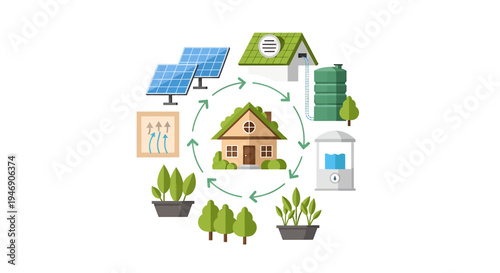 Sustainable Home Energy Solutions and Solar Power System. Vector Illustrations. EPS Editable