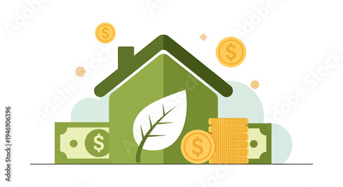 Sustainable Home Finance Concept With Green Leaf. Vector Illustrations. EPS Editable