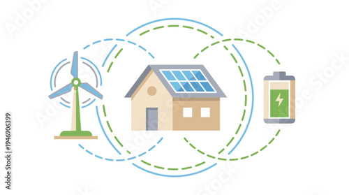 Sustainable Home Energy With Solar Panels Wind Turbine And Battery. Vector Illustrations. EPS Editable