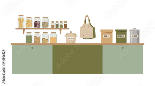 Vibrant Market Shelf Display With Jars And Bags. Vector Illustrations. EPS Editable