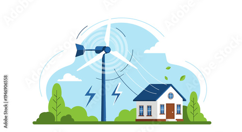 Wind Turbine Farm Near a House Under Stormy Sky. Vector Illustrations. EPS Editable