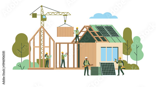 Busy Construction Site With Building Under Progress And Workers. Vector Illustrations. EPS Editable
