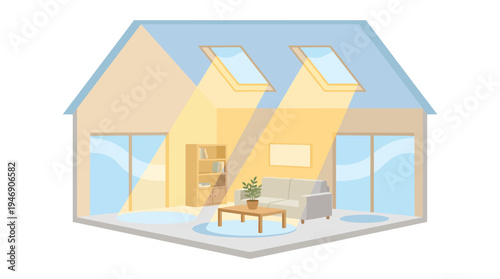 Bright modern glass house living room with cozy seating and open design. Vector Illustrations. EPS Editable