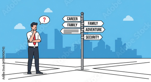 Man at crossroads with signs.