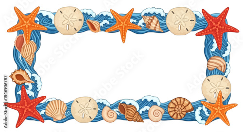 Vector sea border frame with starfish, sand dollars and seashells