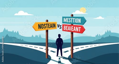 Man at crossroads with signs.