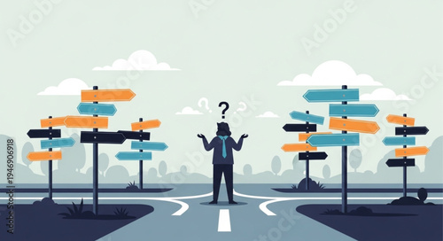 Man at crossroads with signs.