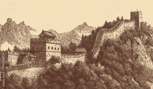 Great Wall of China, China illustration in a vintage style. This vector illustration can be used in any size you like for advertising, logos, and other work.
