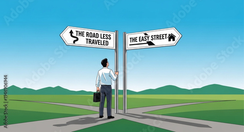 Man at crossroads with signs.