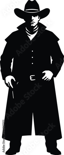 Western cowboy gunslinger silhouette wearing long coat and hat standing with hands near holsters isolated on white background