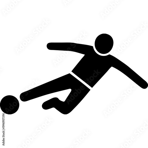 A black and white illustration of a person kicking a soccer ball with their right foot.