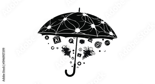 black umbrella with internet network and data falling