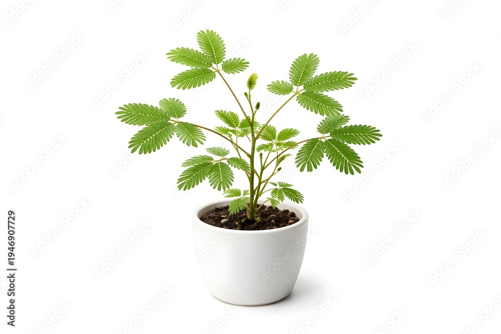 Fototapeta premium Mimosa Pudica Sensitive Plant in White Ceramic Pot Isolated on Light Background
