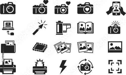 Camera icons, photography silhouettes, digital imaging symbols, film roll, photo album, printer, memory card, professional studio equipment, media tools.
