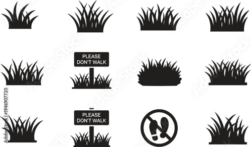 Grass icons, lawn silhouettes, herbal borders, garden greenery, meadow tufts, please don't walk signs