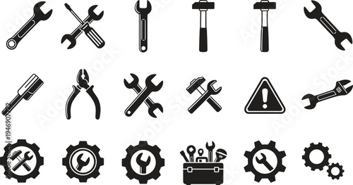 Industrial construction tools icons featuring wrench hammer screwdriver pliers gears and toolbox silhouettes for mechanical repair service workshop SEO maintenance