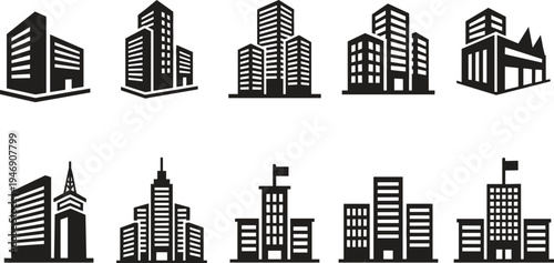 Modern building icons featuring office skyscrapers apartment complexes city landmarks and urban architecture silhouettes for corporate real estate development SEO