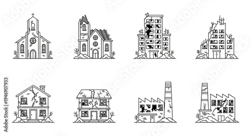 Damaged buildings sketches depicting destruction and decay in urban landscapes.