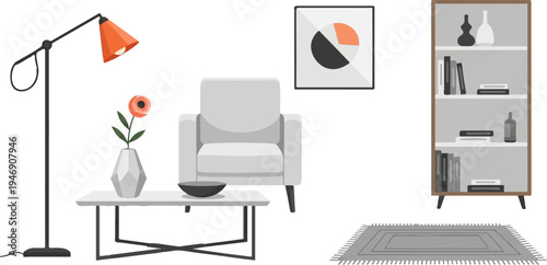 A minimalist living room setup with a floor lamp, armchair, coffee table, rug, and bookshelf