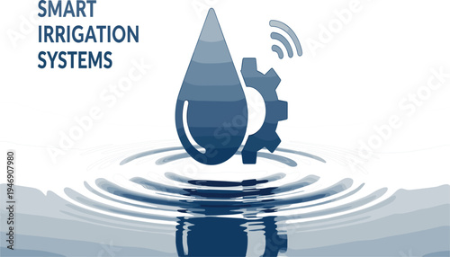 Smart Irrigation System Concept with Water Drop, Gear and Wireless Signal for Agriculture Technology, Automated Farming and Water Management Illustration