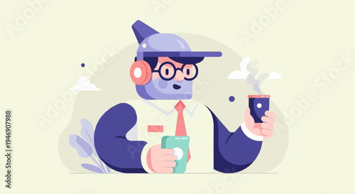 A stylized cartoon robot with headphones, glasses, and tie holding a phone and coffee