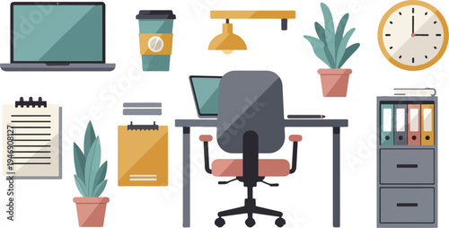 A modern office setup with a laptop, desk, chair, plants, and files