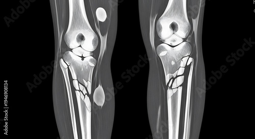 Medical scan shows broken tibia and fibula bones with fluid cysts.