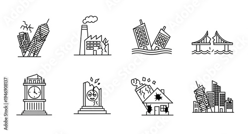 Earthquake Disaster Icons - Buildings, Structures, and Infrastructure Damage.