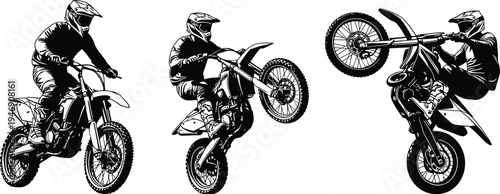 Silhouette motocross riders performing wheelie stunt, dirt bike illustration, off‑road motorcycle sports vector design, extreme biking concept artwork – flavector