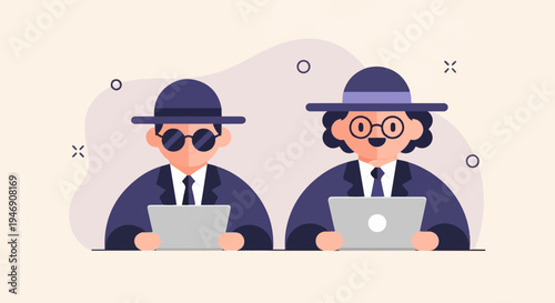 Two stylized figures in hats and suits work on laptops