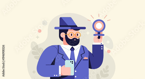 Stylized man in suit and hat with magnifying glass and phone
