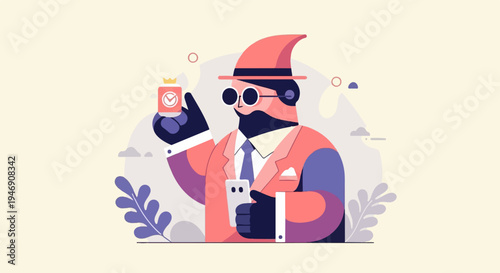 Stylized man in suit and hat holding clock and phone