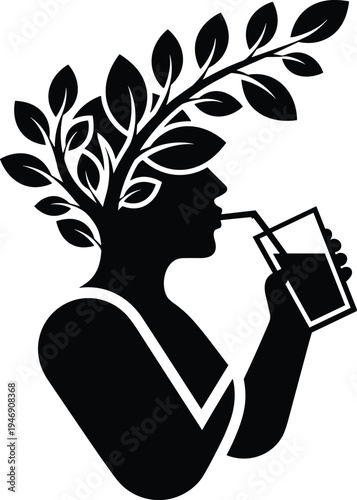Silhouette person drinking with straw, nature branches head, eco health concept, mindfulness illustration, sustainability lifestyle vector design – flavector