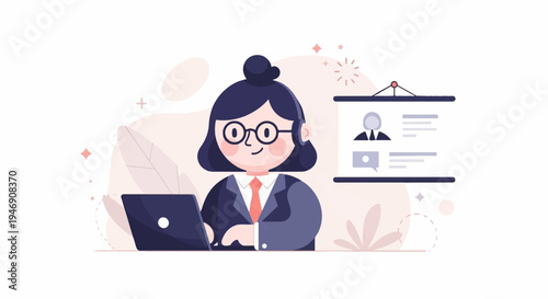 A woman in a suit and glasses works on a laptop with a presentation screen