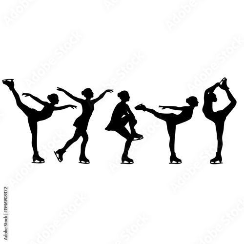 Five figure skaters performing various poses and stances on ice.