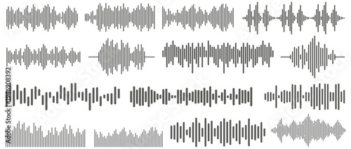 Sound wave collection. Audio wave forms line, sound wave frequency or voice microphone signals. Music, podcast and broadcast and audio branding design.