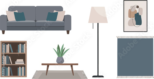 A minimalist living room scene with a sofa, bookshelf, coffee table, floor lamp, and art