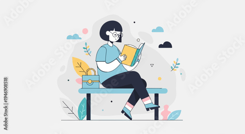 A person with glasses reads a book on a park bench surrounded by whimsical nature elements