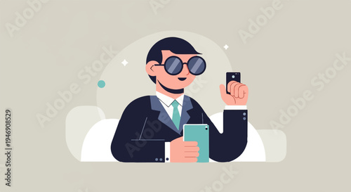 A person in a suit with glasses holds two phones, looking pleased